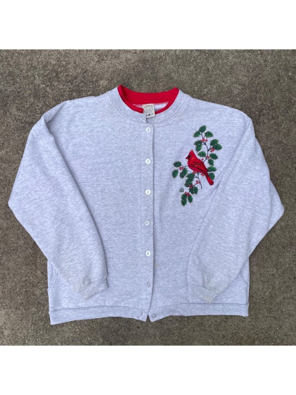Vintage 90s Cardigan Embroidered Cardinal Bird Size L Grandmacore Baggy Relaxed